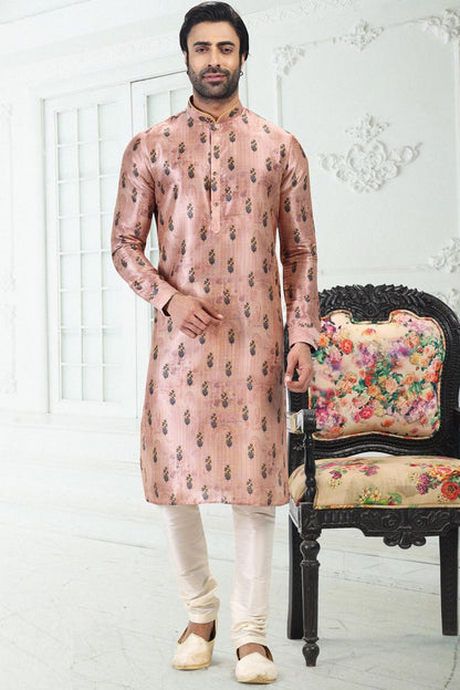 Peach Banarasi Silk Kurtas for Men (NMK-6704) - Nihal Fashions