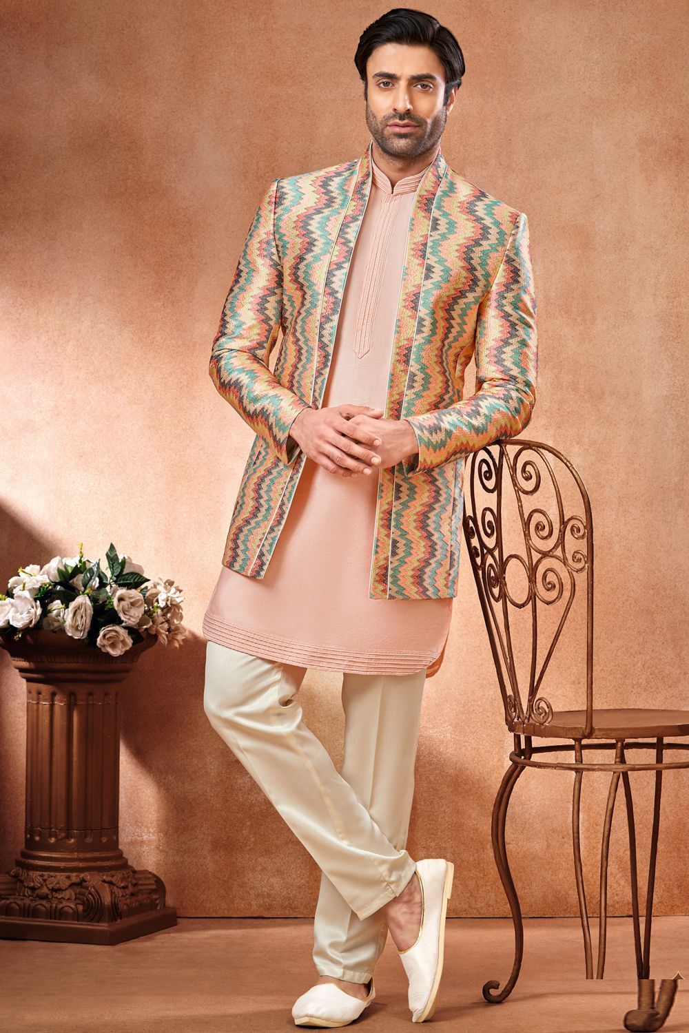 Peach Banarasi Silk Mens Jodhpuri (NMK-7273) - Nihal Fashions