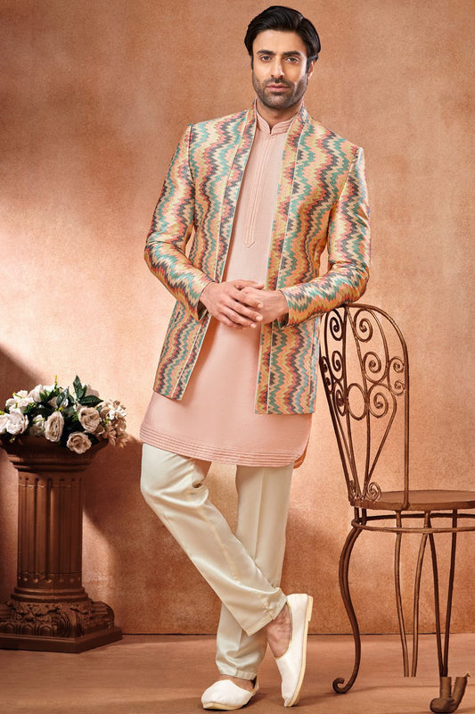 Peach Banarasi Silk Mens Jodhpuri (NMK-7273) - Nihal Fashions