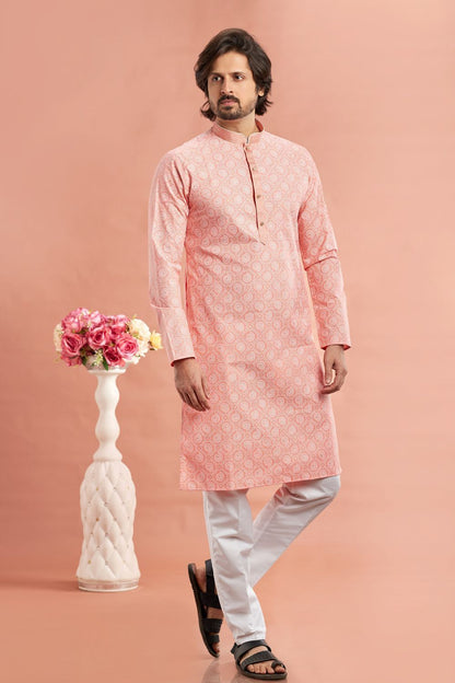 Peach Cotton Kurta Pajama (NMK-7548) - Nihal Fashions