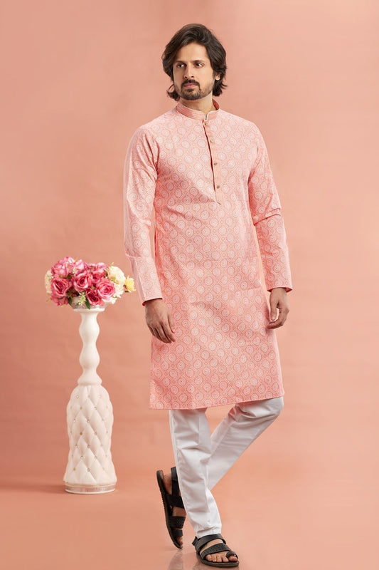 Peach Cotton Kurta Pajama (NMK-7548) - Nihal Fashions