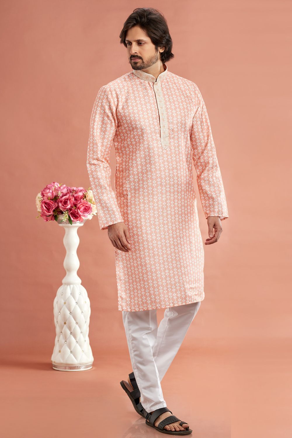 Peach Cotton Mens Kurta Pajama (NMK-7536) - Nihal Fashions