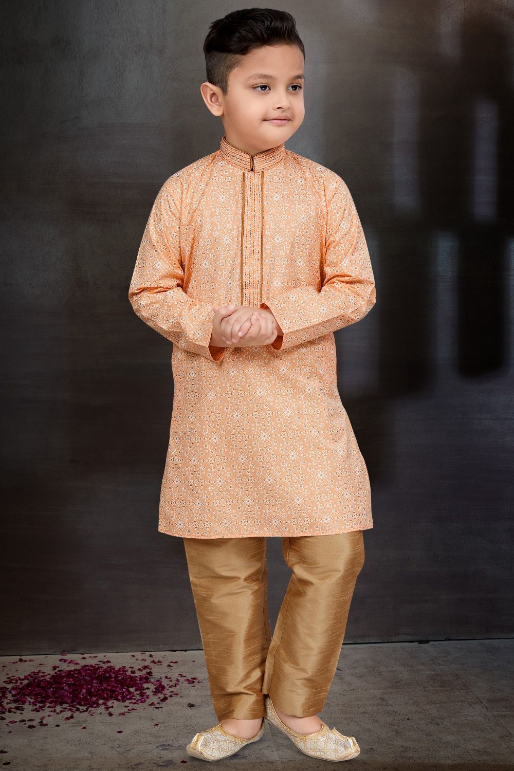 Peach Cotton Printed Boys Kurta Pajama (NKK-785) - Nihal Fashions