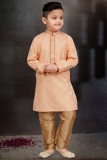 Peach Cotton Printed Boys Kurta Pajama (NKK-785) - Nihal Fashions