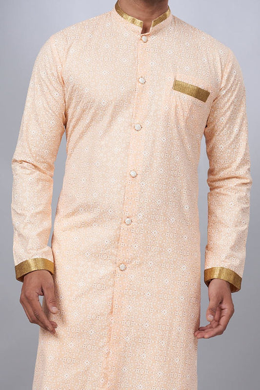 Peach Cotton Printed Mens Indo Western (NMK-6941) - Nihal Fashions