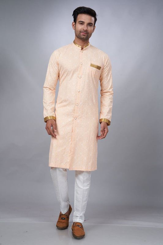 Peach Cotton Printed Mens Indo Western (NMK-6941) - Nihal Fashions