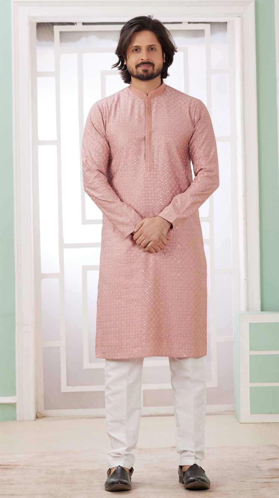 Peach Embroidered Art Silk Kurta Pajama (NMK-8351) - Nihal Fashions
