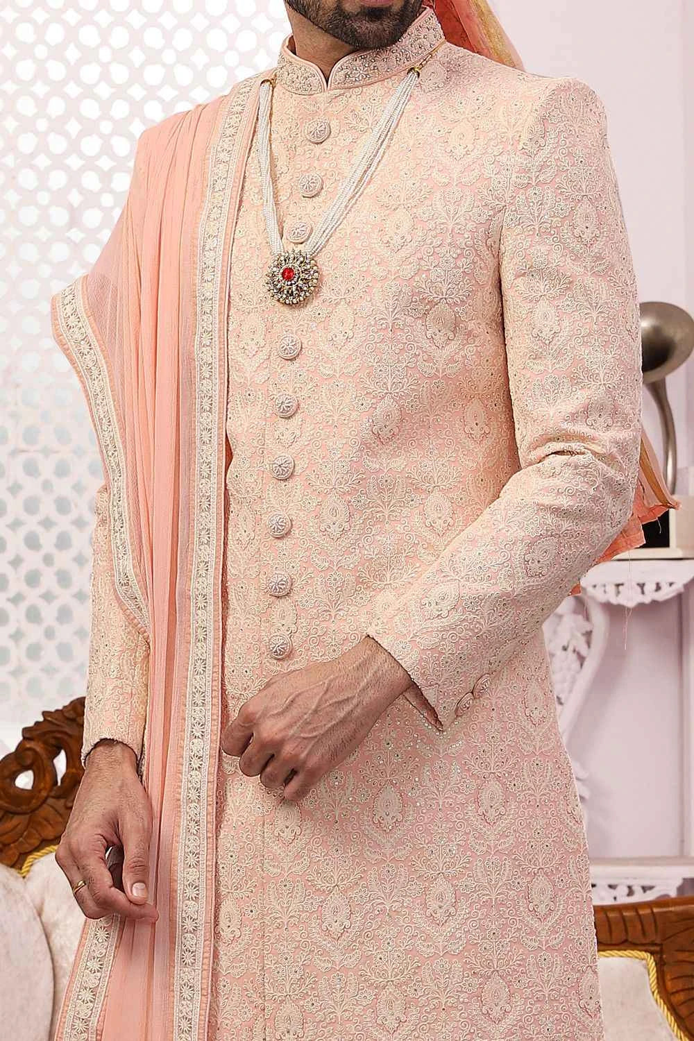 Peach Georgette Lucknowi Embroidered Sherwani (NMK-5545)