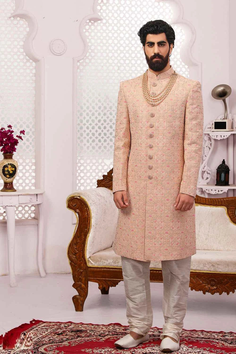 Peach Georgette Lucknowi Embroidered Sherwani (NMK-5553)