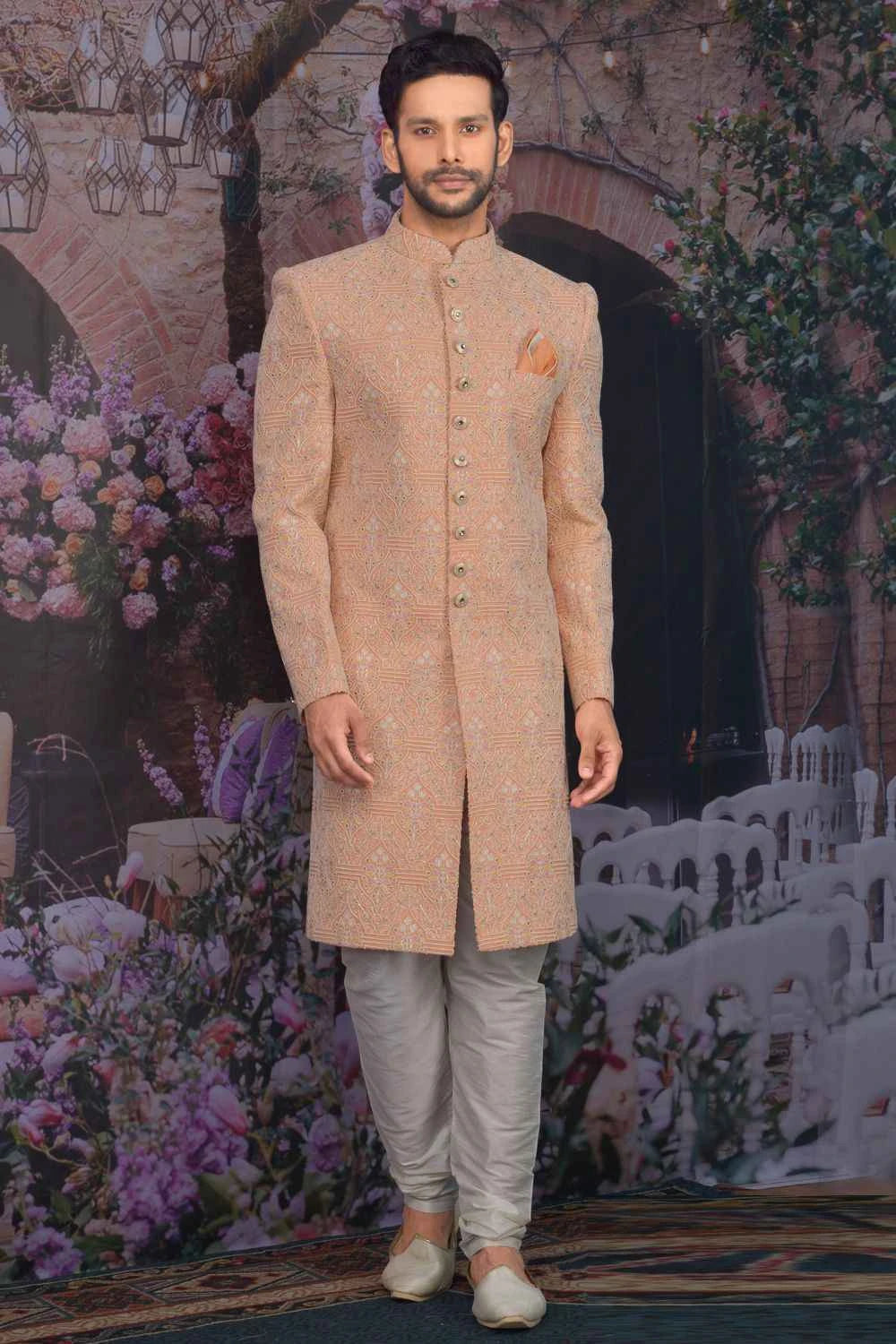 Peach Georgette Lucknowi Sherwani (NMK-4767)