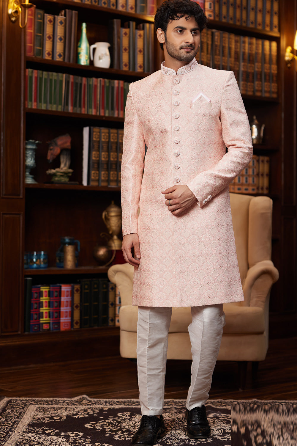 Peach Imported Jaquard Silk Indo Western (NMK-8288) - Nihal Fashions