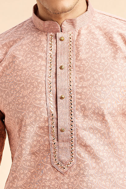 Peach Jaquard Art Silk Kurta for Men (NMK-7911) - Nihal Fashions