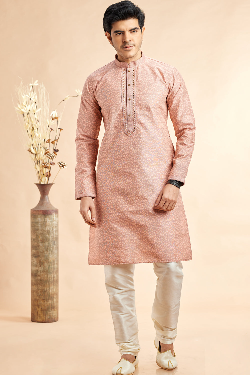 Peach Jaquard Art Silk Kurta for Men (NMK-7911) - Nihal Fashions