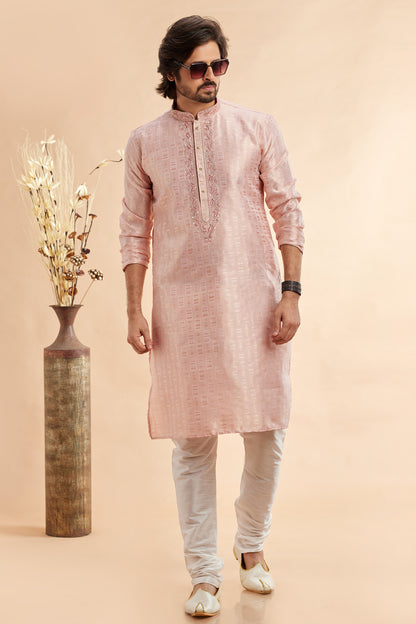 Peach Jaquard Art Silk Kurta Pajama (NMK-7903) - Nihal Fashions