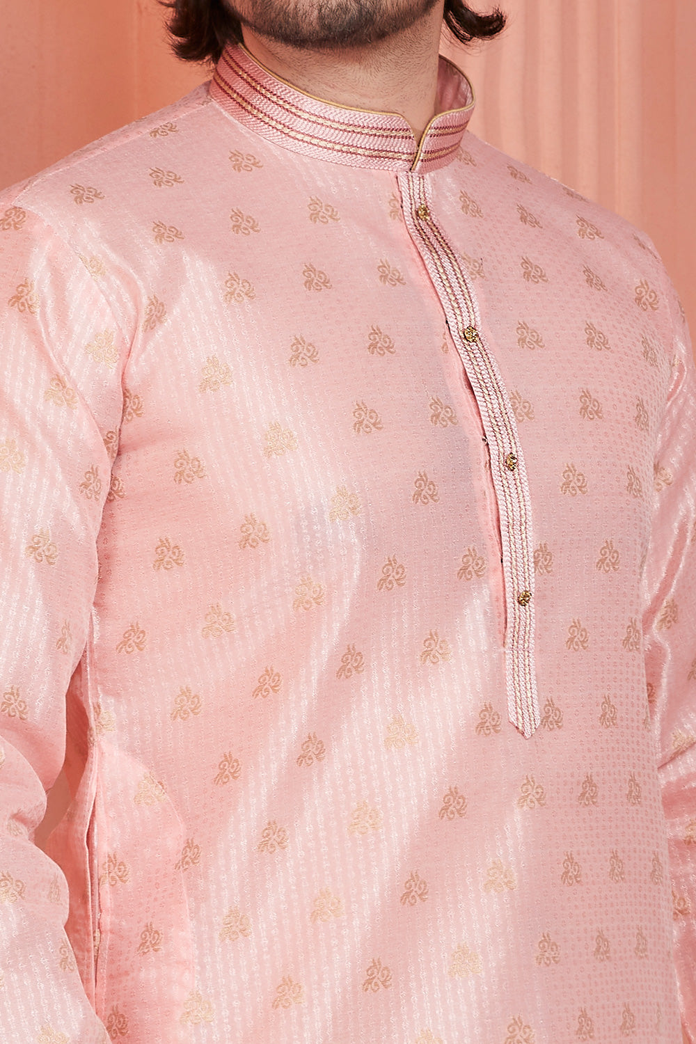 Peach Jaquard Banarasi Silk Kurta for Men(NMK-8166) - Nihal Fashions