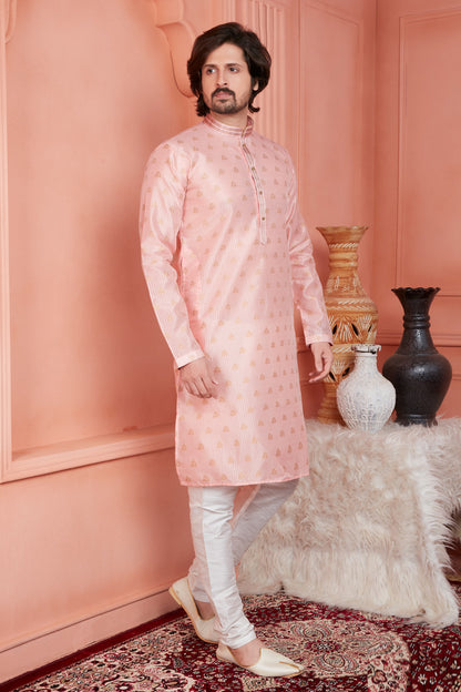 Peach Jaquard Banarasi Silk Kurta for Men(NMK-8166) - Nihal Fashions