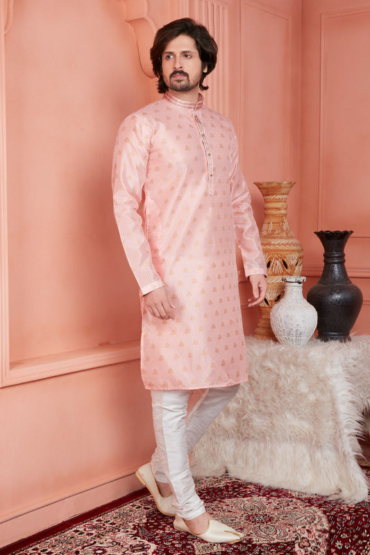 Peach Jaquard Banarasi Silk Kurta for Men(NMK-8166) - Nihal Fashions
