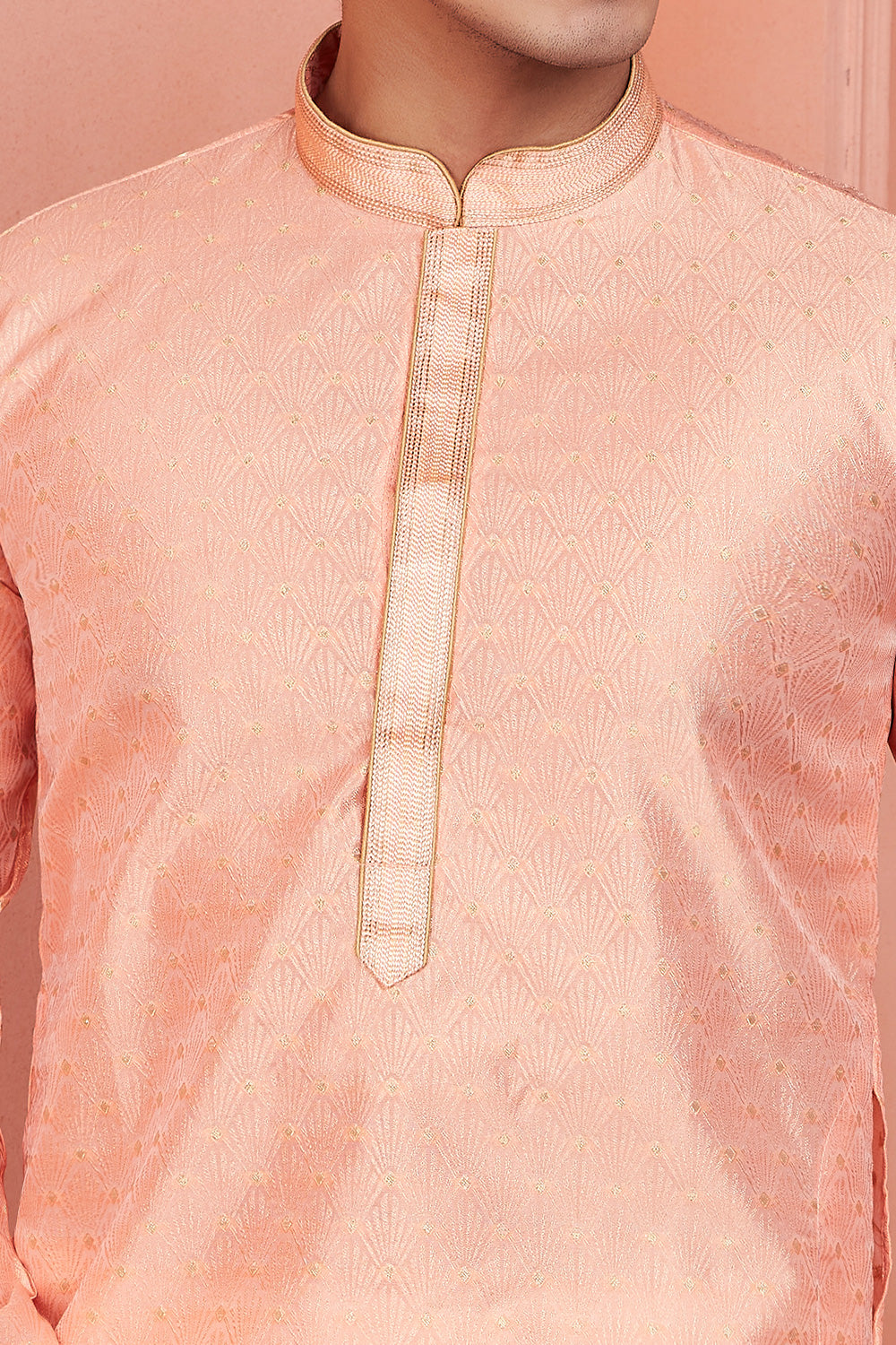 Peach Jaquard Banarasi Silk Mens Kurta Pajama (NMK-8171) - Nihal Fashions
