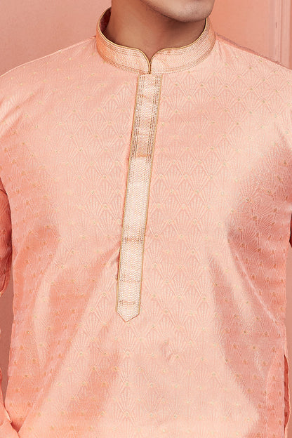 Peach Jaquard Banarasi Silk Mens Kurta Pajama (NMK-8171) - Nihal Fashions