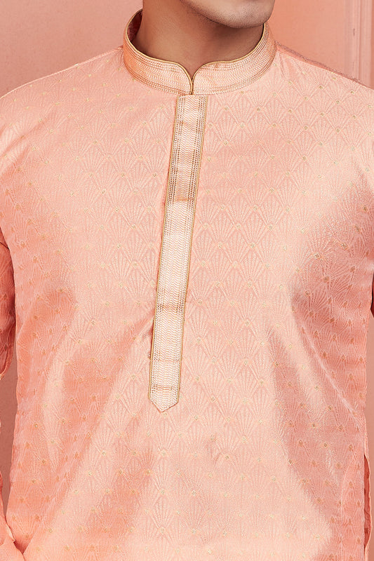 Peach Jaquard Banarasi Silk Mens Kurta Pajama (NMK-8171) - Nihal Fashions