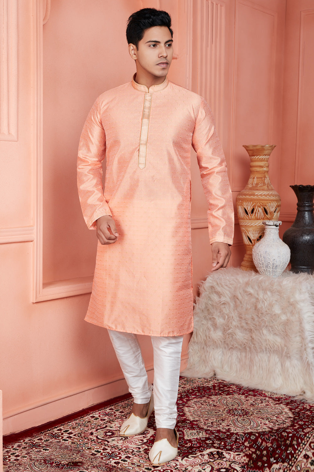 Peach Jaquard Banarasi Silk Mens Kurta Pajama (NMK-8171) - Nihal Fashions