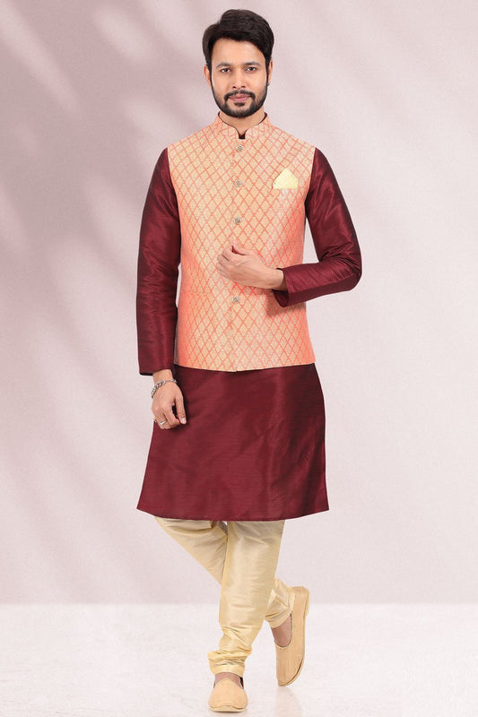 Peach Jaquard Banarasi Silk Nehru Jacket (NMK-6688) - Nihal Fashions
