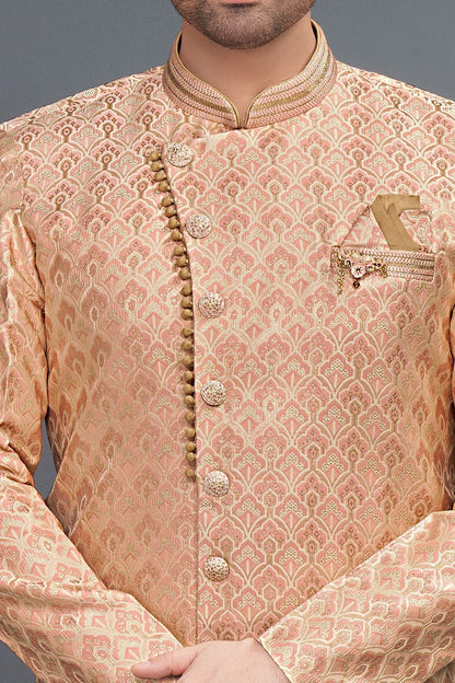 Peach Jaquard Indo Western for Men (NMK-7312) - Nihal Fashions