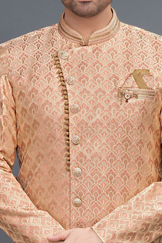 Peach Jaquard Indo Western for Men (NMK-7312) - Nihal Fashions