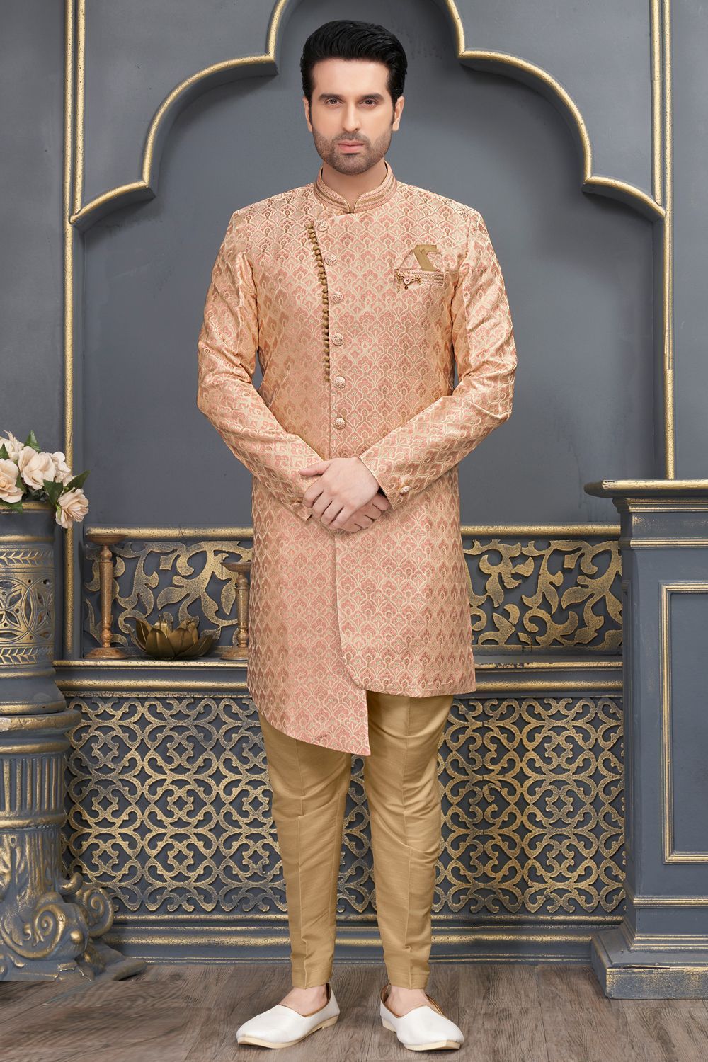 Peach Jaquard Indo Western for Men (NMK-7312) - Nihal Fashions