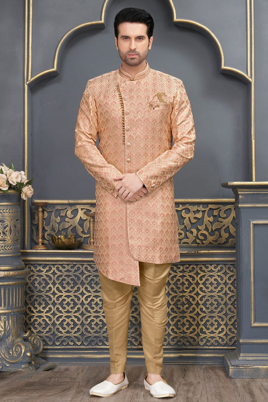 Peach Jaquard Indo Western for Men (NMK-7312) - Nihal Fashions