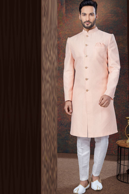 Peach Jaquard Indo Western (NMK-7786) - Nihal Fashions