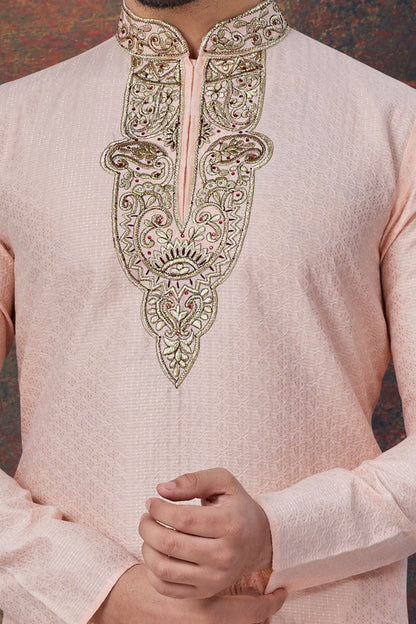 Peach Jaquard Kurta Pajama (NMK-7822) - Nihal Fashions