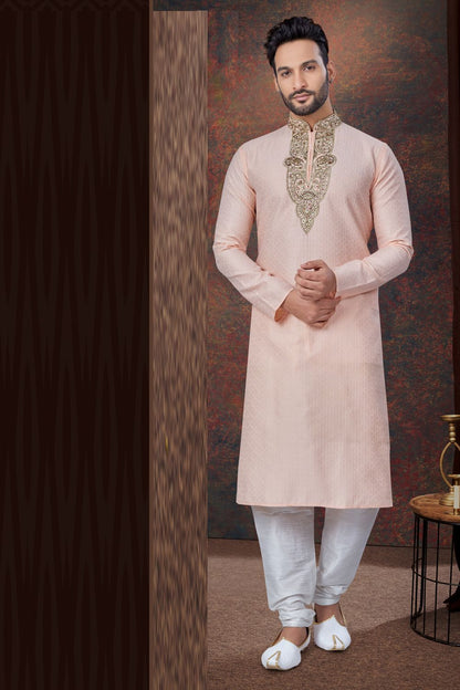 Peach Jaquard Kurta Pajama (NMK-7822) - Nihal Fashions