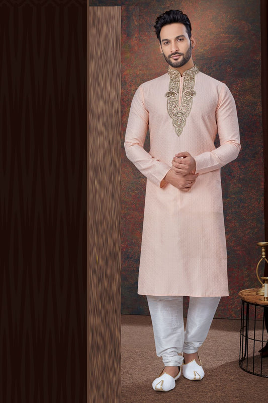 Peach Jaquard Kurta Pajama (NMK-7822) - Nihal Fashions