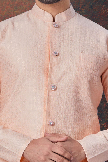 Peach Jaquard Mens Indo Western (NMK-7854) - Nihal Fashions