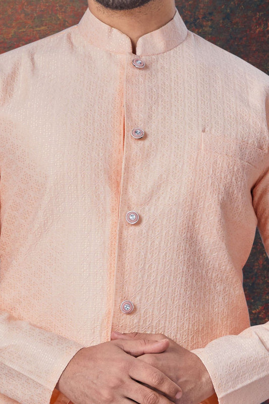Peach Jaquard Mens Indo Western (NMK-7854) - Nihal Fashions