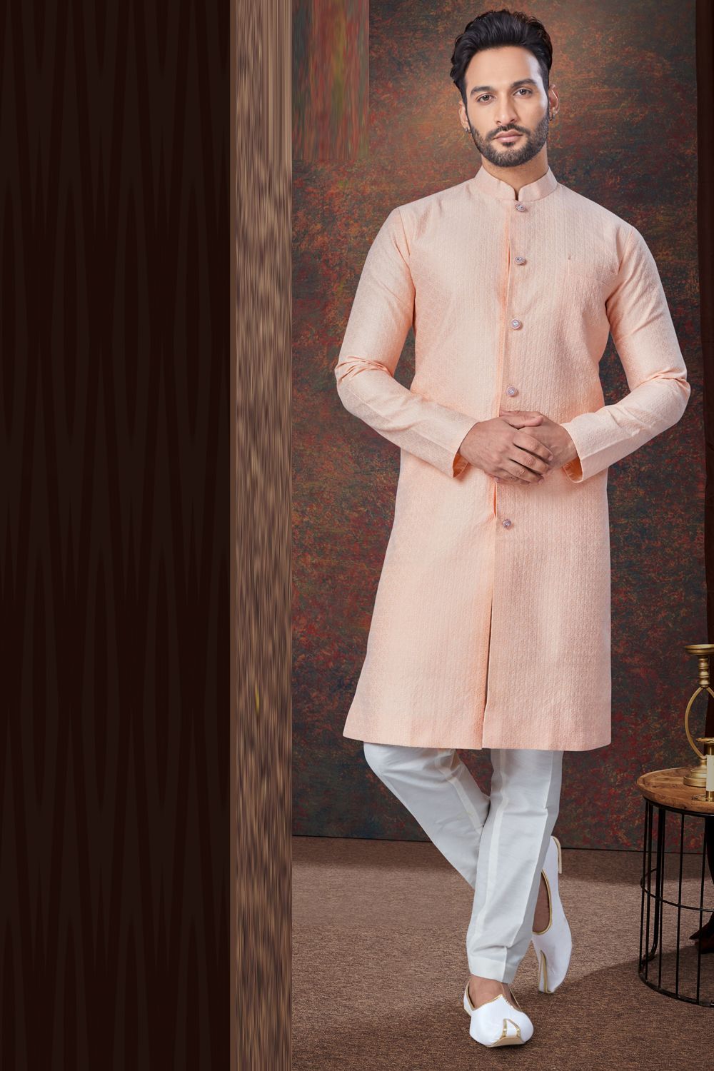 Peach Jaquard Mens Indo Western (NMK-7854) - Nihal Fashions