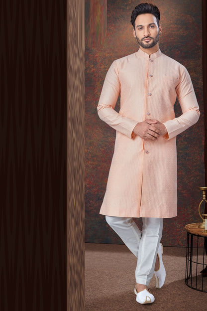 Peach Jaquard Mens Indo Western (NMK-7854) - Nihal Fashions