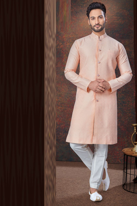 Peach Jaquard Mens Indo Western (NMK-7854) - Nihal Fashions