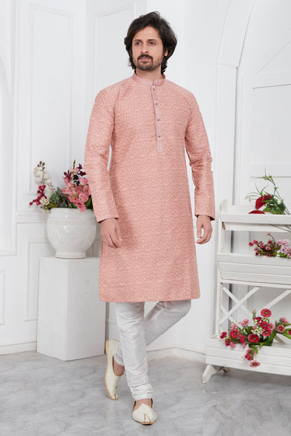 Peach Jaquard Silk Brocade Kurta (NMK-7738) - Nihal Fashions