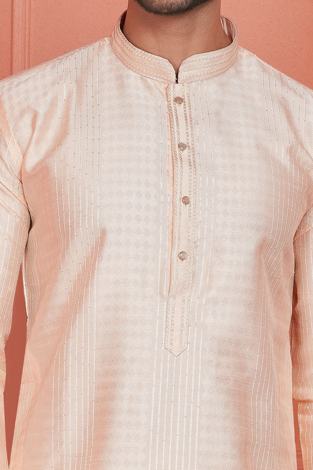 Peach Jaquard Silk Brocade Kurta Pajama (NMK-8144) - Nihal Fashions