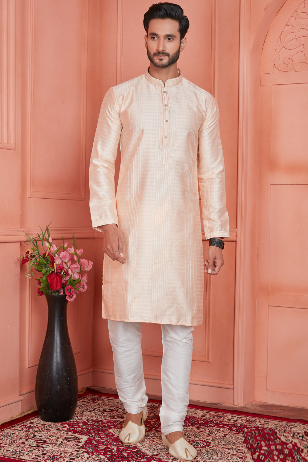 Peach Jaquard Silk Brocade Kurta Pajama (NMK-8144) - Nihal Fashions