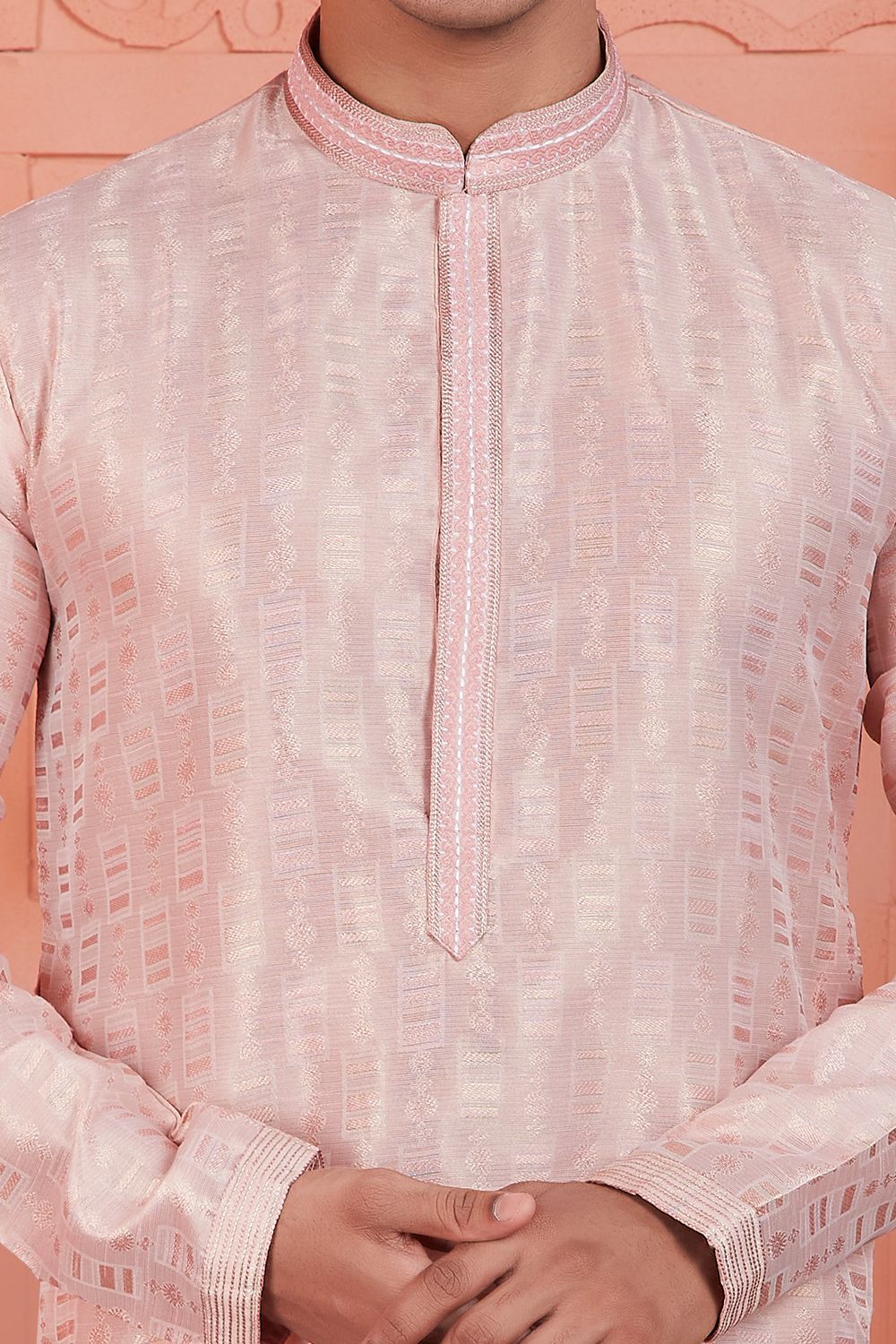 Peach Jaquard Silk Brocade Mens Kurta (NMK-7754) - Nihal Fashions