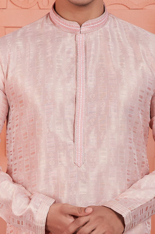 Peach Jaquard Silk Brocade Mens Kurta (NMK-7754) - Nihal Fashions