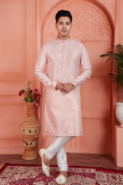 Peach Jaquard Silk Brocade Mens Kurta (NMK-7754) - Nihal Fashions