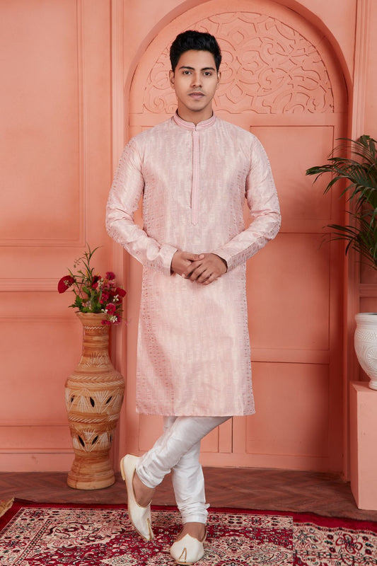Peach Jaquard Silk Brocade Mens Kurta (NMK-7754) - Nihal Fashions