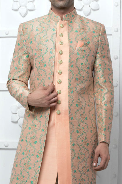Peach  Jaquard Silk Mens Indo Western (NMK-7177) - Nihal Fashions