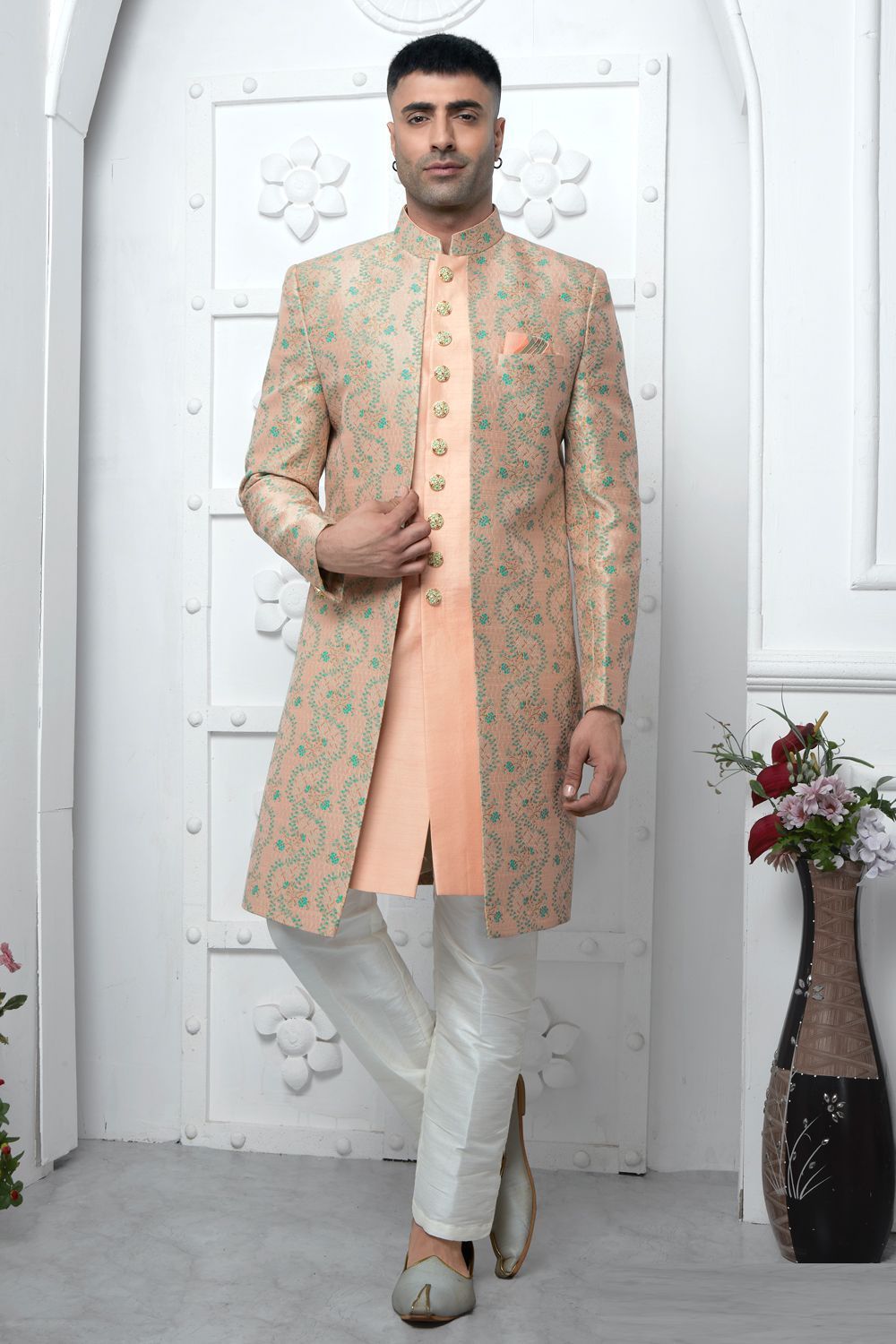 Peach  Jaquard Silk Mens Indo Western (NMK-7177) - Nihal Fashions