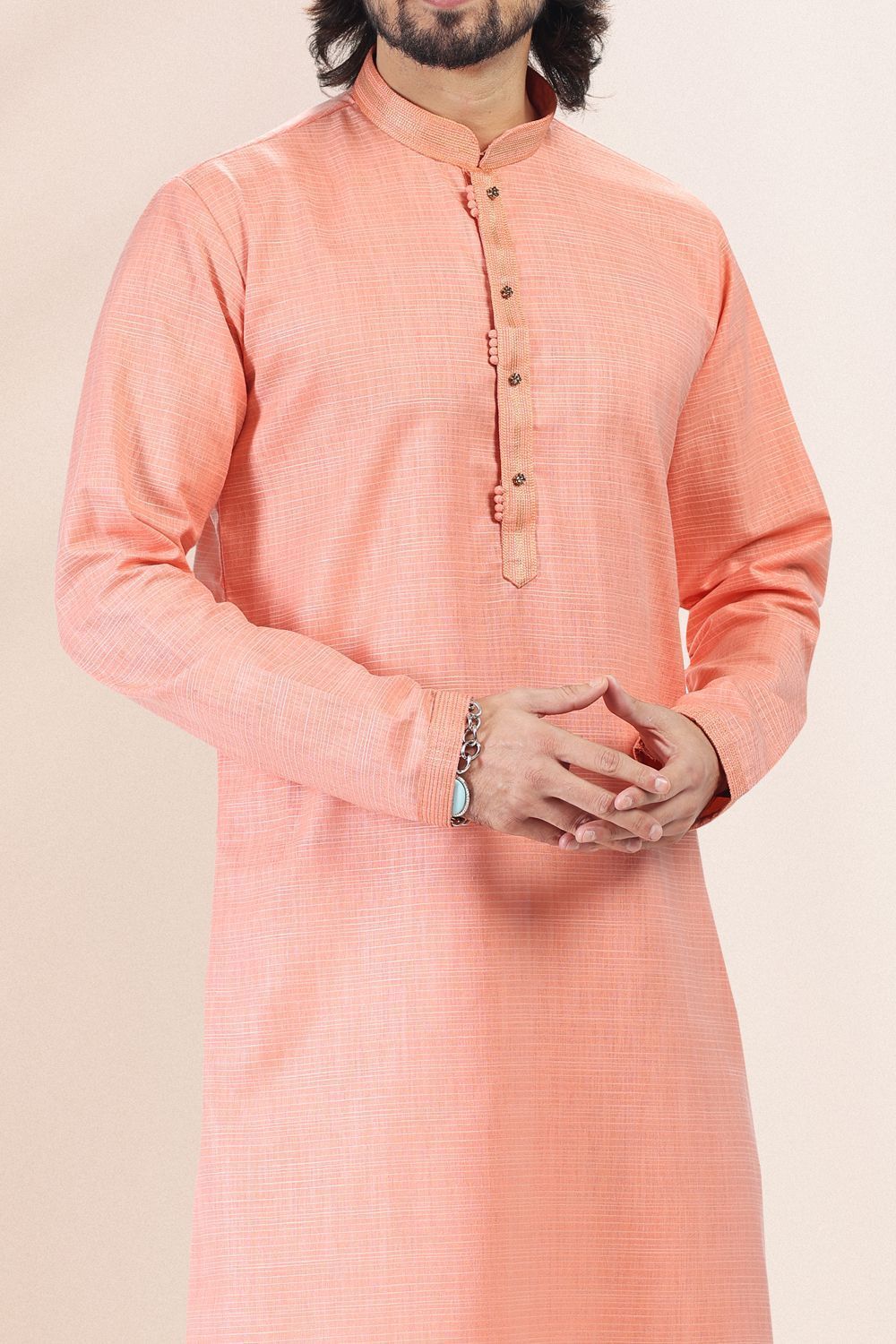 Peach Linen Cotton Kurta Pajama (NMK-6739) - Nihal Fashions