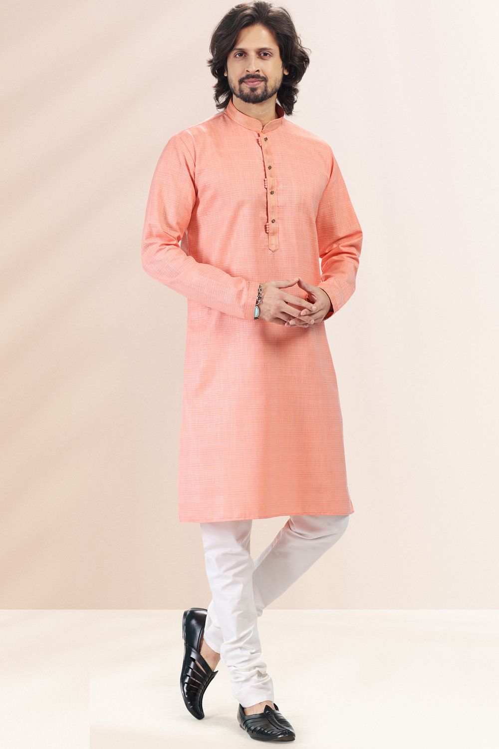 Peach Linen Cotton Kurta Pajama (NMK-6739) - Nihal Fashions